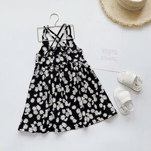 Girls Black Daisy Floral Print Criss-Cross Back Sundress Summer Tank Dress 2T